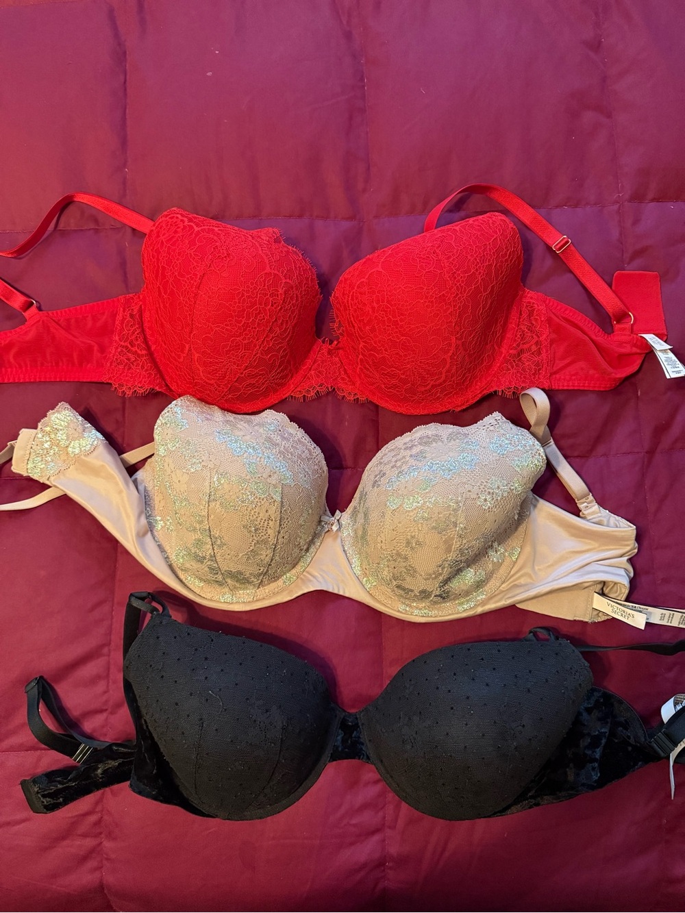 Victoria's Secret Red Lace Push-Up Bra with Nude and Black Lace Bras